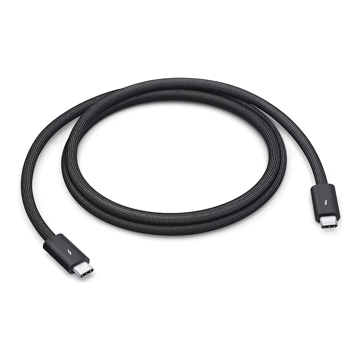 Schwarzes USB-C-Kabel, gewebt, mit Anschlüssen an beiden Enden. Das Kabel ist in einer Schlaufe angeordnet.