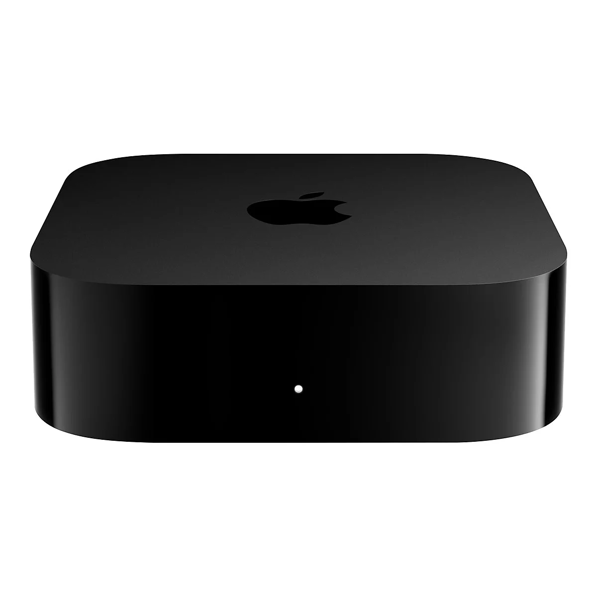Schwarzer, quadratischer Apple TV mit abgerundeten Ecken und weißer Status-LED auf weißem Hintergrund.