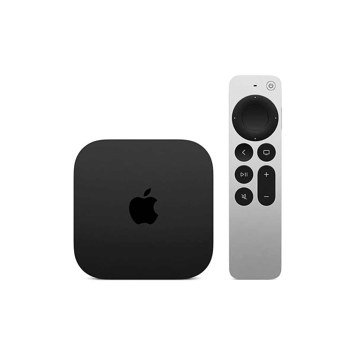 Schwarze Apple TV Box mit dazugehöriger silberner Siri Remote vor weißem Hintergrund.