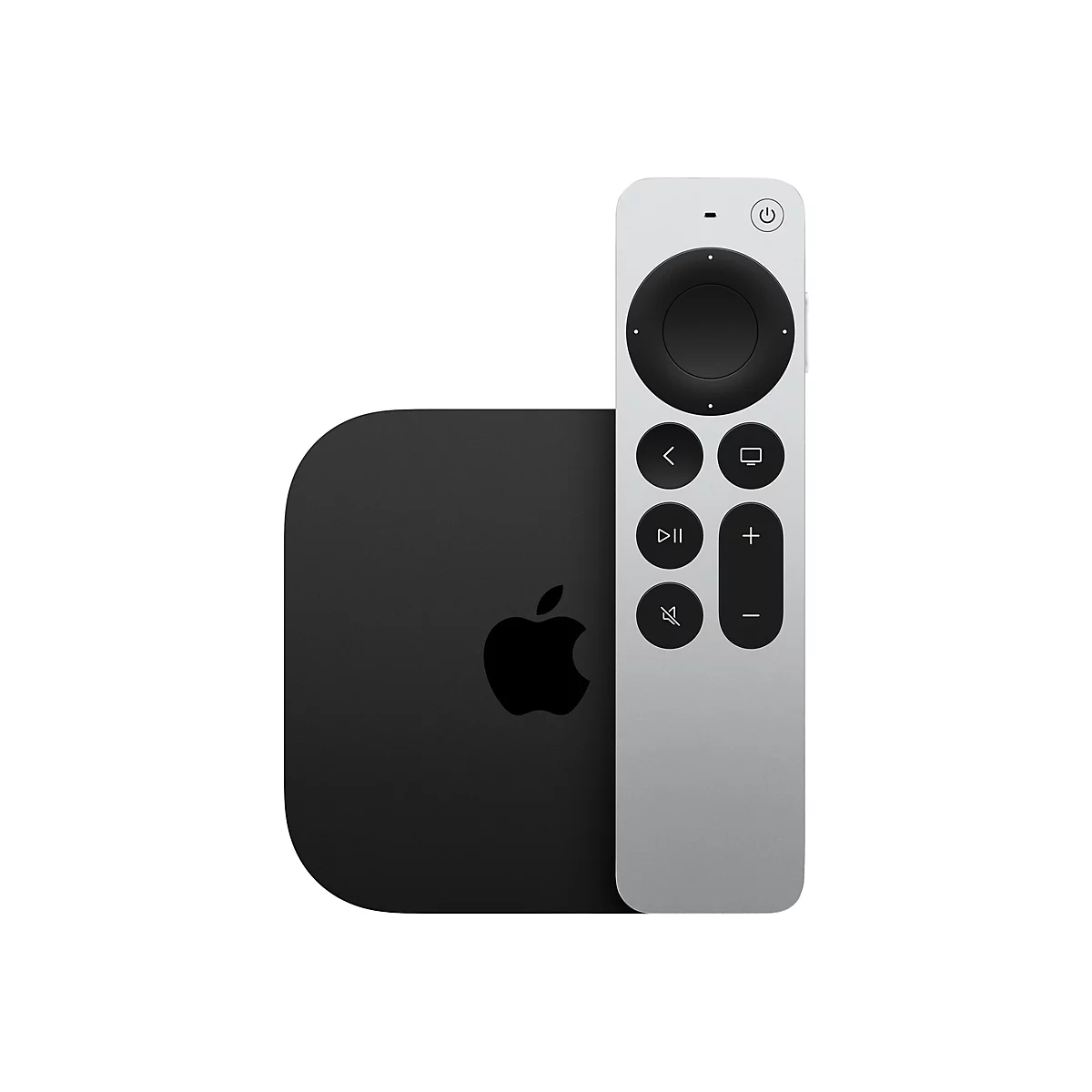 Schwarze Apple TV Box mit silberner Siri Remote Fernbedienung vor weißem Hintergrund.