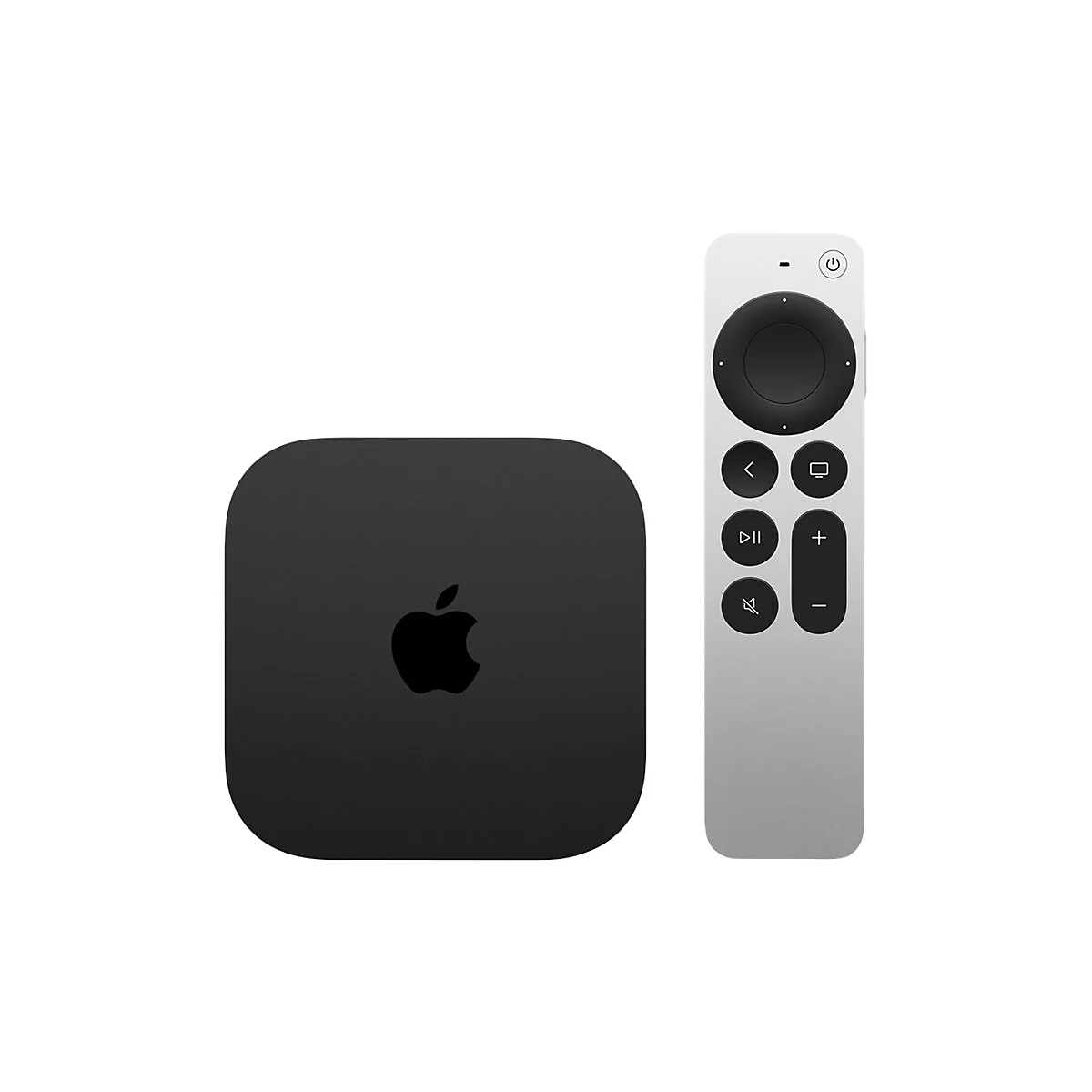 Apple TV avec télécommande. Boîtier noir avec logo Apple à côté d'une télécommande argentée.