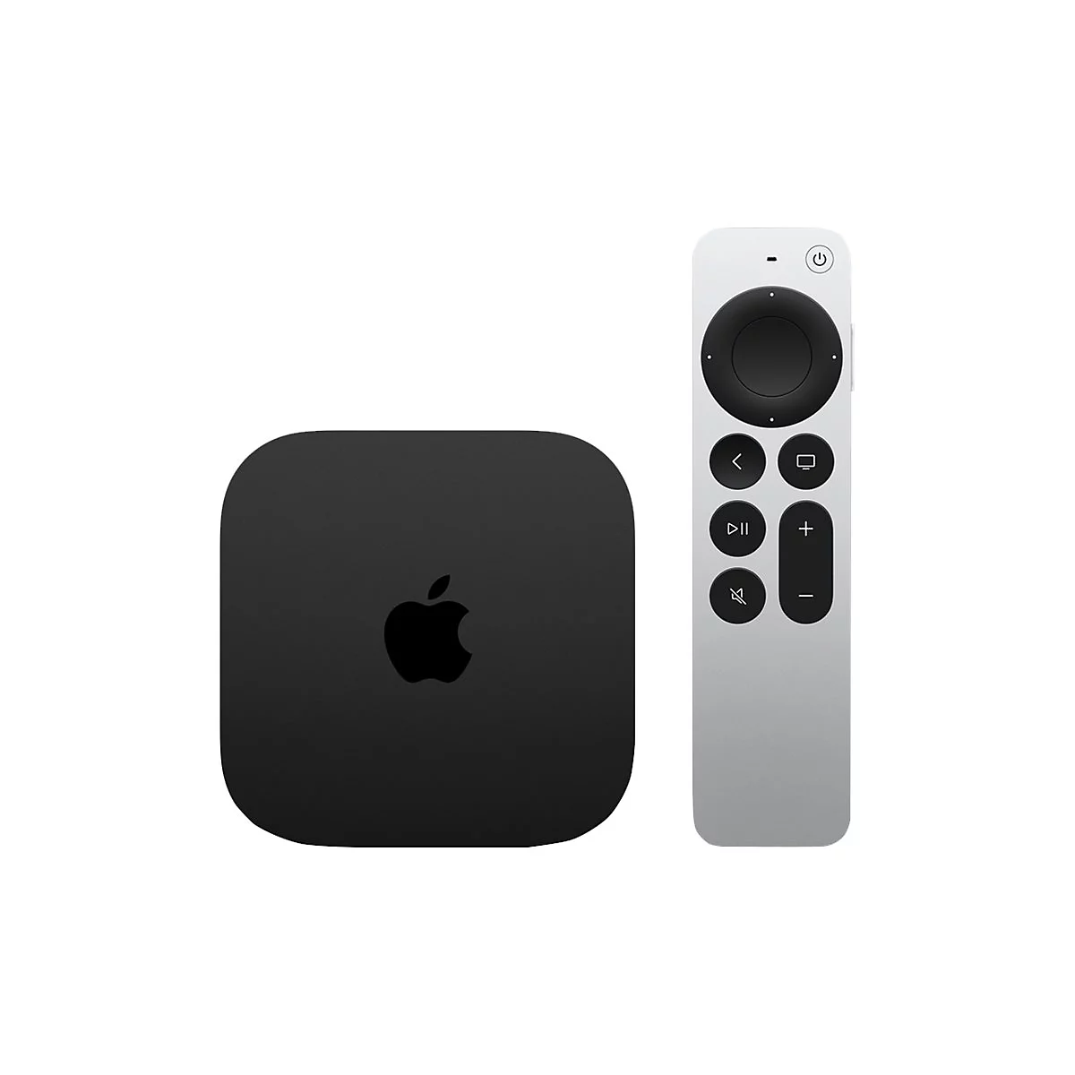Apple TV avec télécommande. Boîtier noir, télécommande argentée avec boutons.