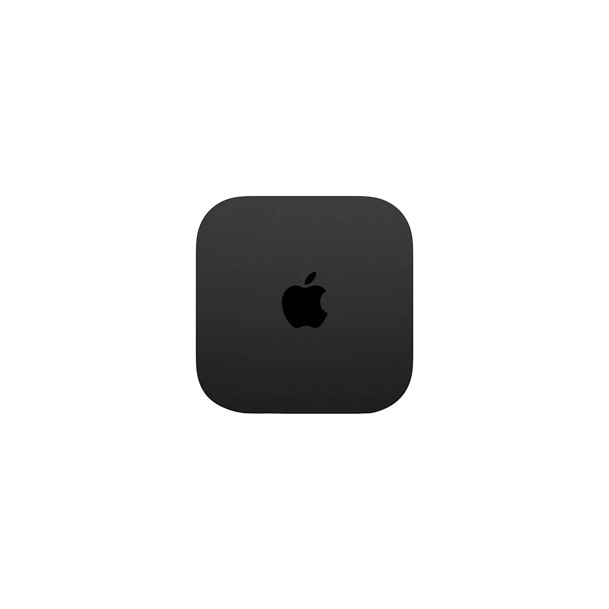 Schwarzer Mac Mini, quadratisch mit abgerundeten Ecken. Auf der Oberfläche prangt das Apple-Logo.