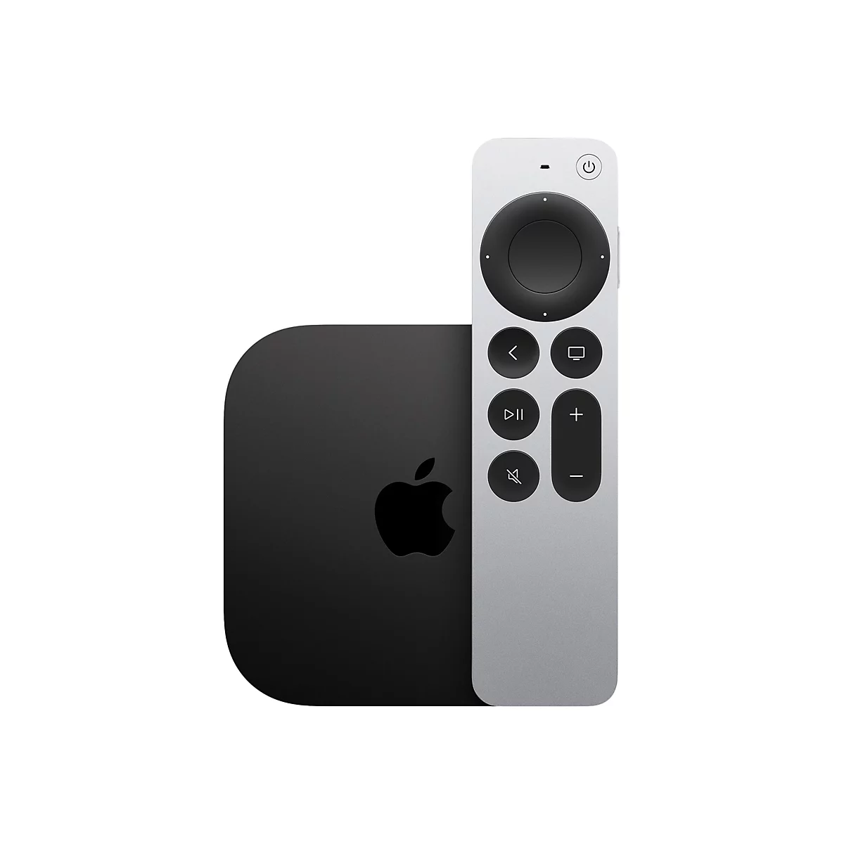 Apple TV mit Fernbedienung, vor weißem Hintergrund. Schwarze Box mit Apple-Logo, silberne Fernbedienung mit Knöpfen.