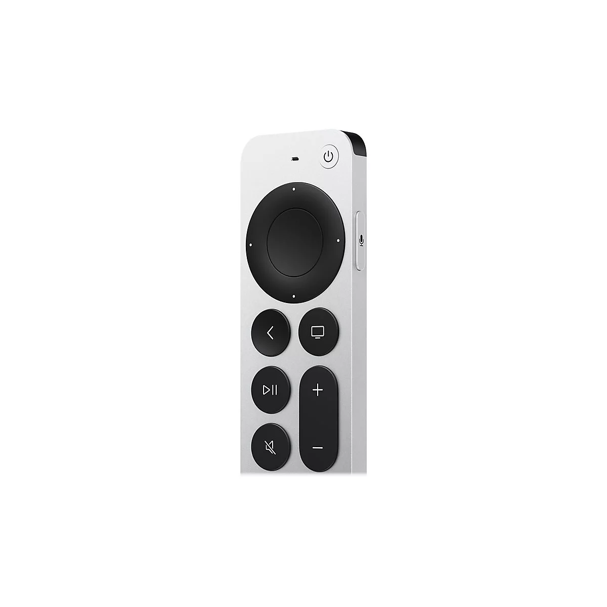 Graues Apple TV Remote. Oberhalb der Navigationstasten befindet sich ein Touchpad mit schwarzem Ring, darÃ¼ber ein Power-Button.
