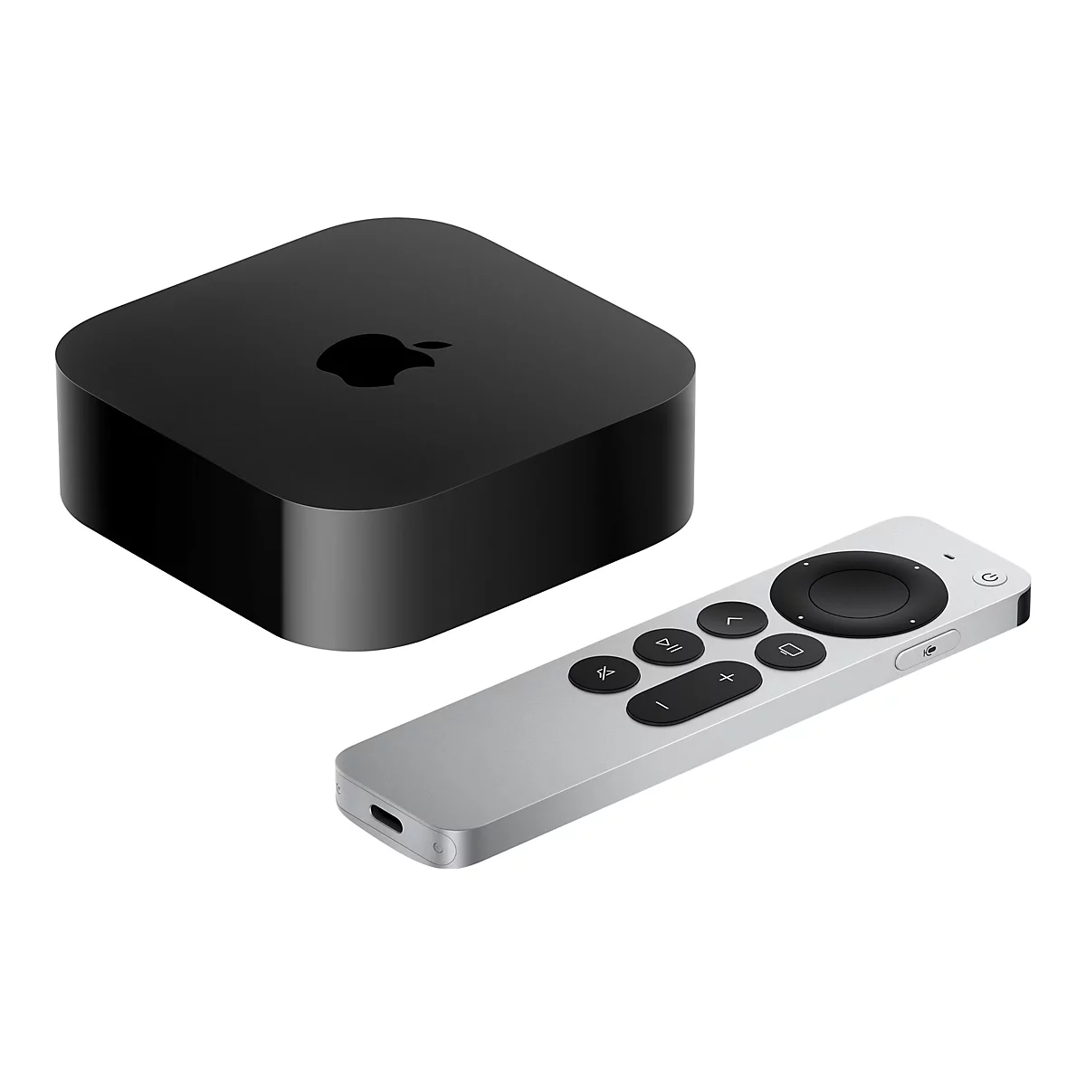 Ein schwarzes Apple TV Gerät und eine silberne Fernbedienung. Die Fernbedienung hat runde Tasten, darunter eine für die Wiedergabe.