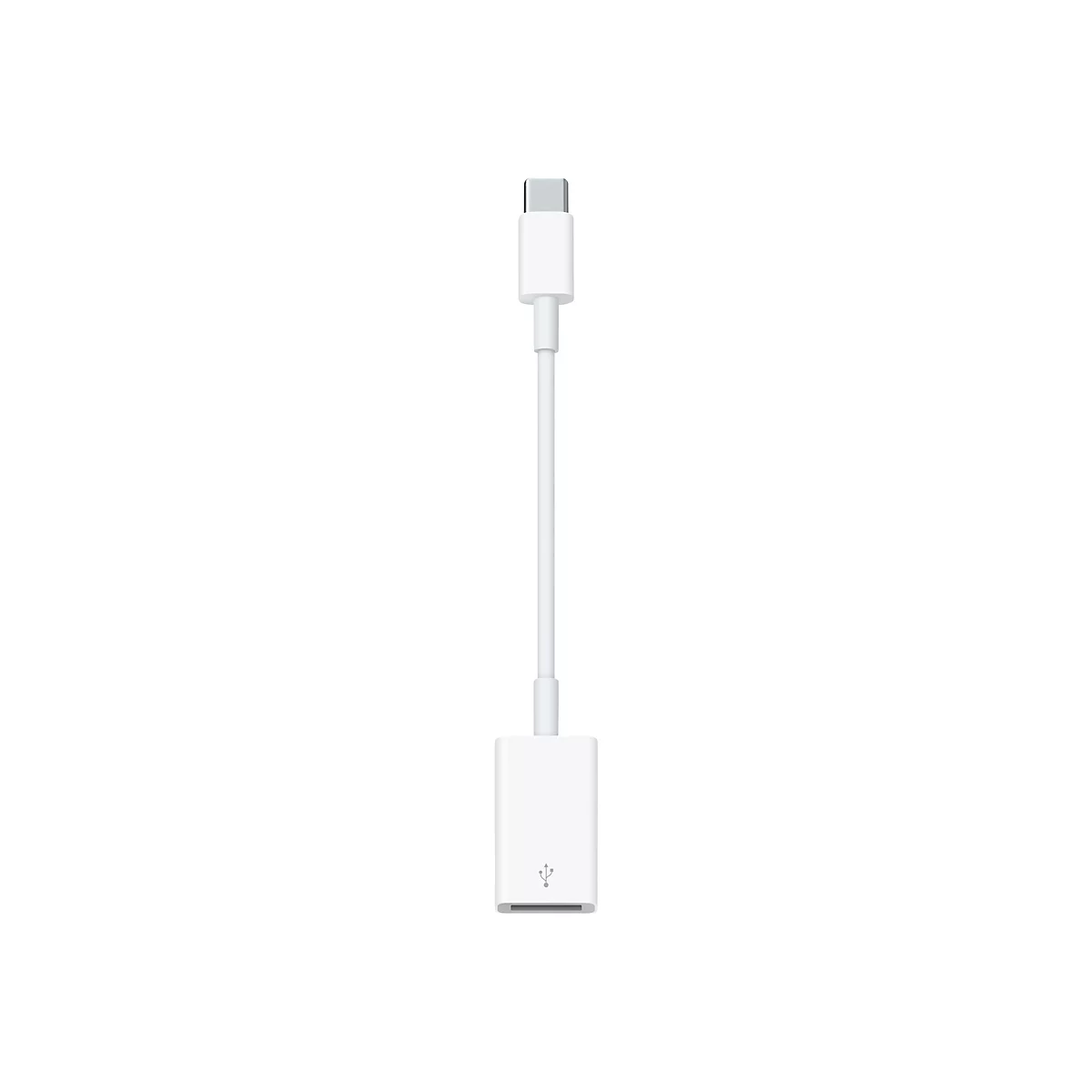 Weißes USB-C auf USB-Adapterkabel vor weißem Hintergrund. Oben USB-C-Anschluss, unten USB-Anschluss.