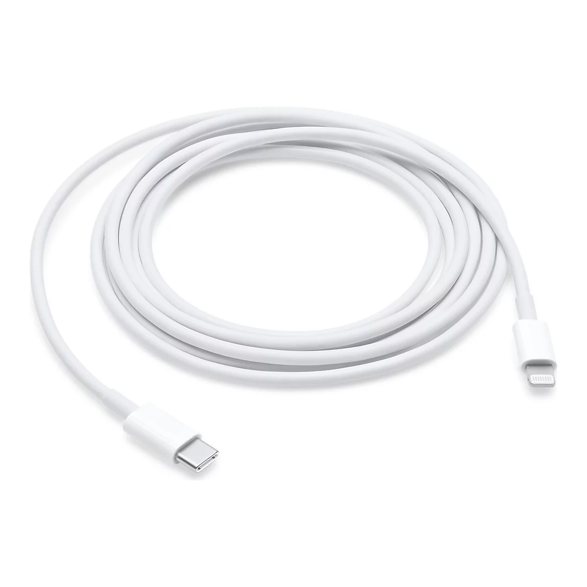 Câble Lightning blanc. Enroulé, avec connecteurs USB-C et Lightning.