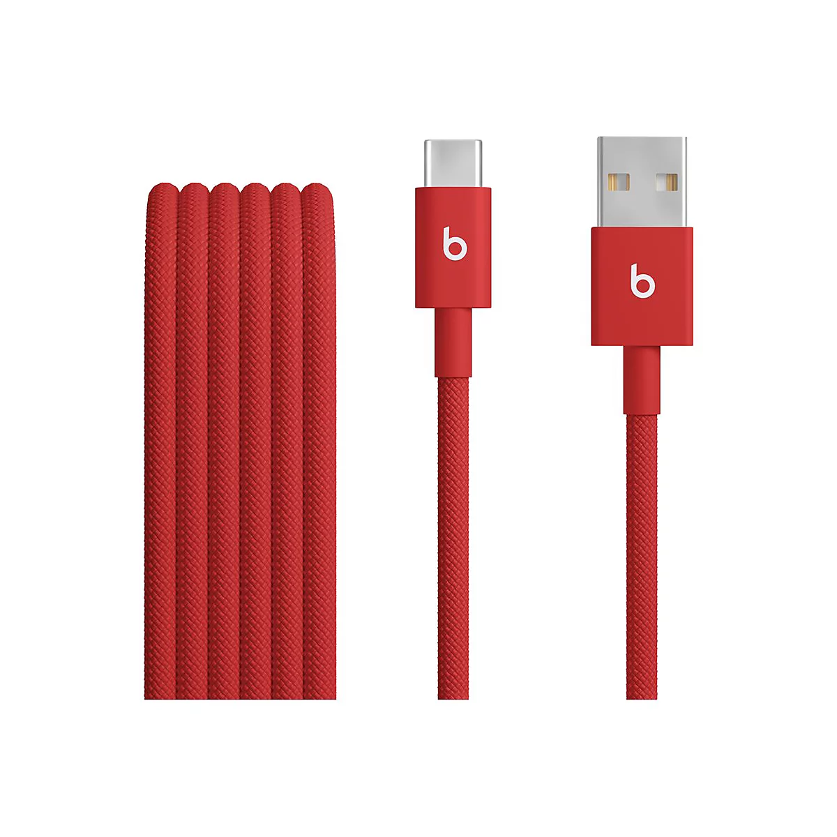 Câble de chargement rouge Beats, design tressé, connecteurs USB-C et USB-A.