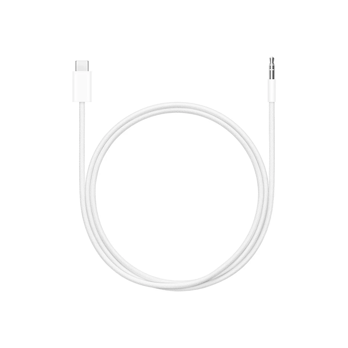 Câble audio blanc avec connecteur USB-C et jack, isolé sur fond blanc.