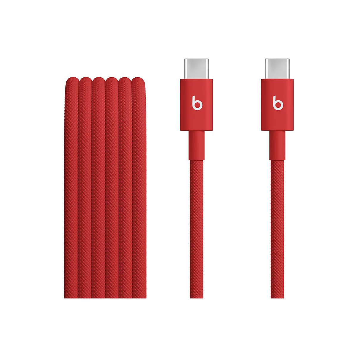 Câble de chargement USB-C Beats rouge, cordon tressé, connecteur blanc avec logo "b".