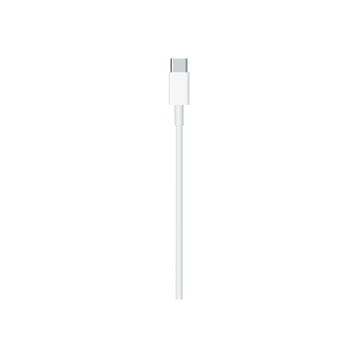 Weißes USB-C-Kabel; Stecker oben und Kabel unten, auf weißem Hintergrund.