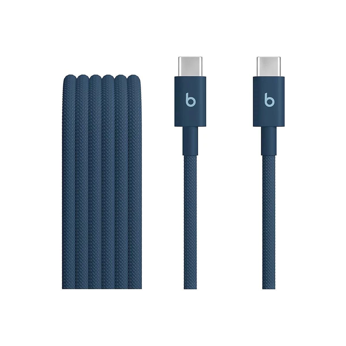 Deux câbles USB-C bleus. À gauche, un câble enroulé, à droite, deux câbles avec des connecteurs portant le logo "b".