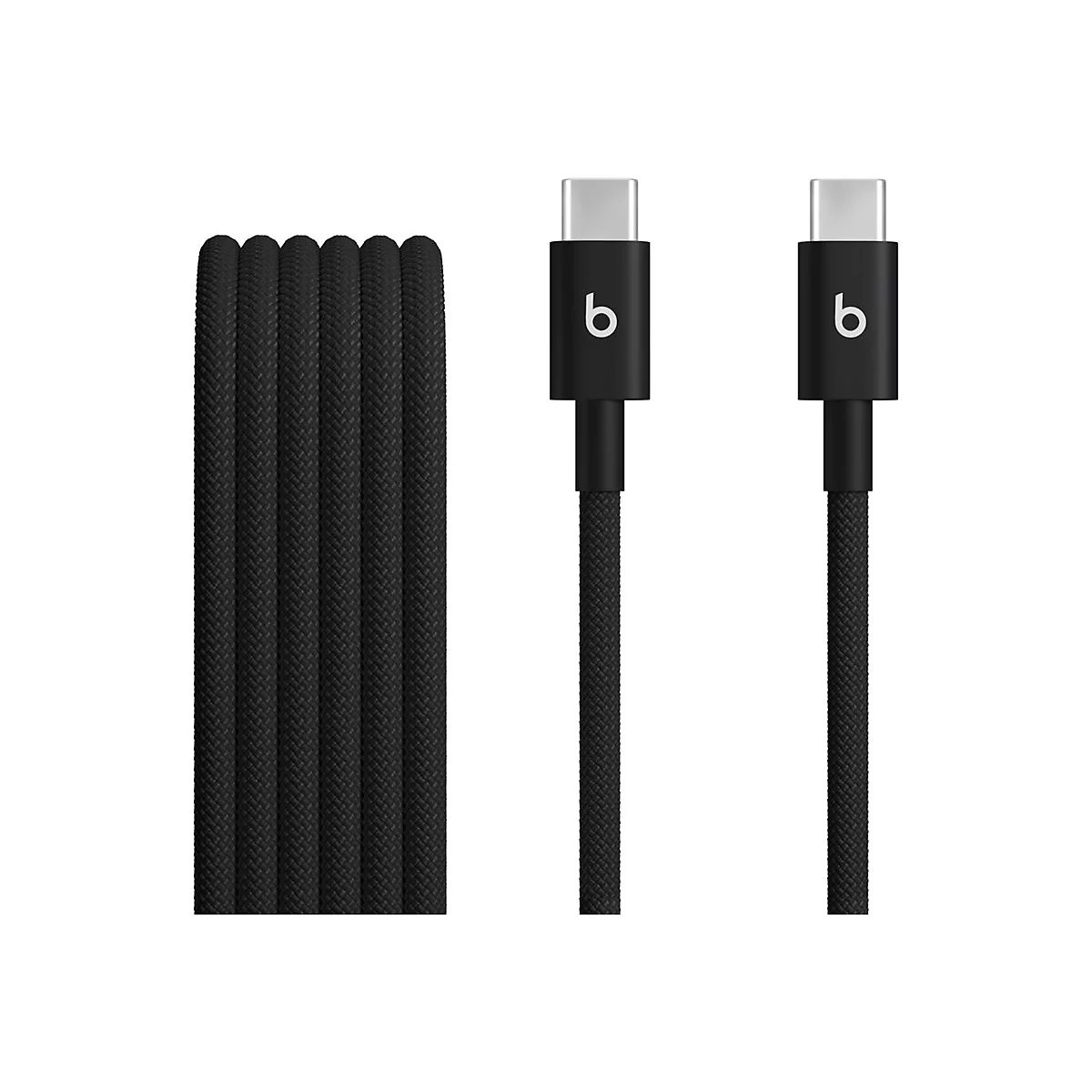 Schwarzes Ladekabel, geflochtenes Kabel, USB-C-Anschlüsse mit Beats-Logo.