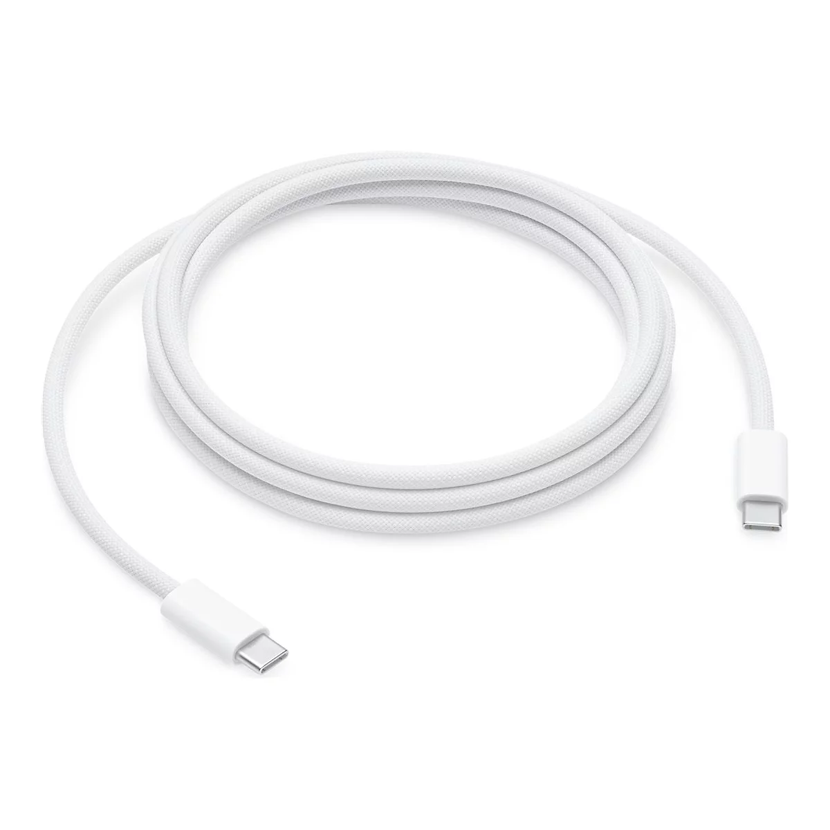 Aufgerolltes, weißes USB-C-Kabel mit Textilummantelung vor neutralem, weißem Hintergrund.