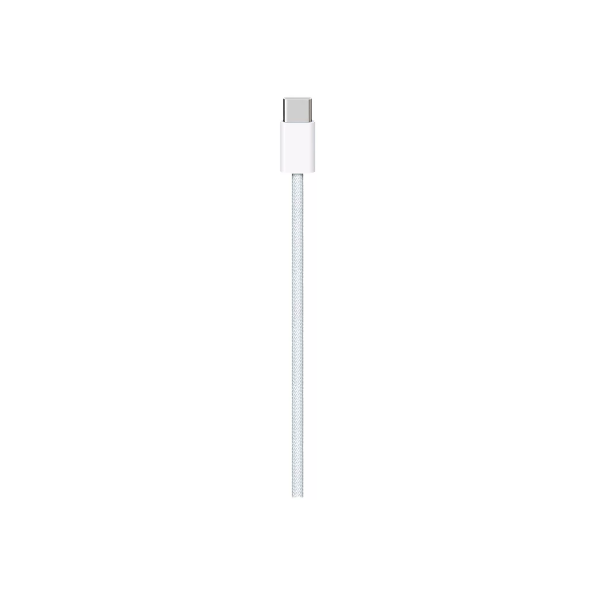 Ein weißes USB-C-Kabel mit gewebter Ummantelung vor weißem Hintergrund.