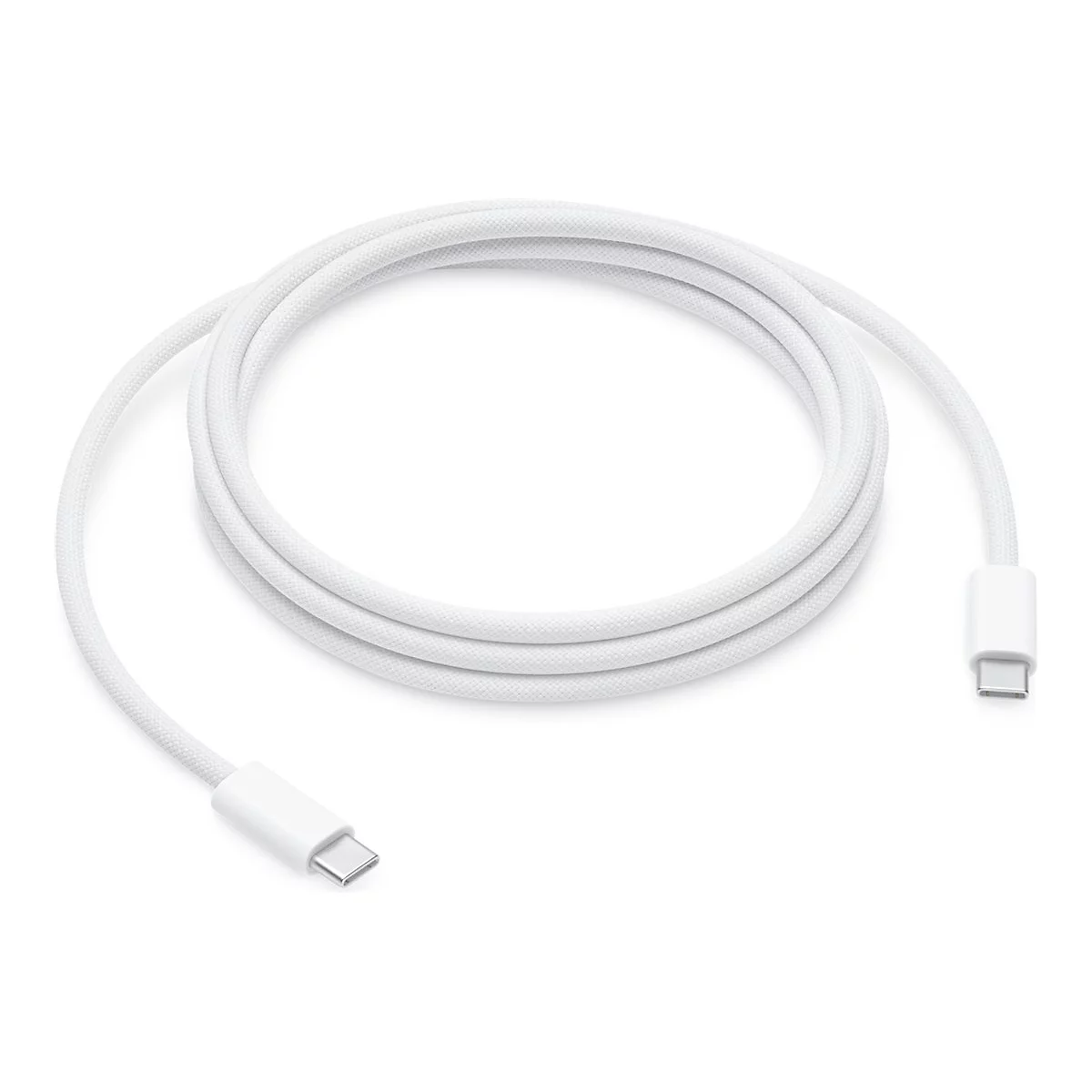 Weißes USB-C-Ladekabel in Ringform. An beiden Enden Stecker, strukturiertes Kabel.