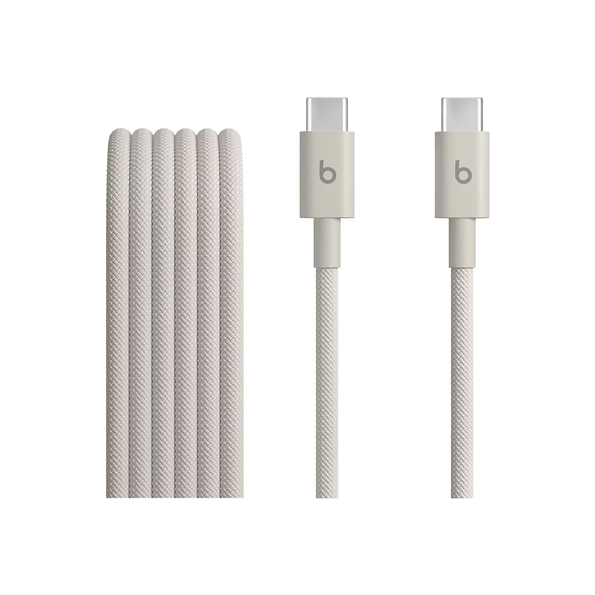 Hellgraues USB-C Ladekabel, neben einer aufgerollten Kabelschlaufe. Auf dem Stecker ist ein kleines 'b' Logo.