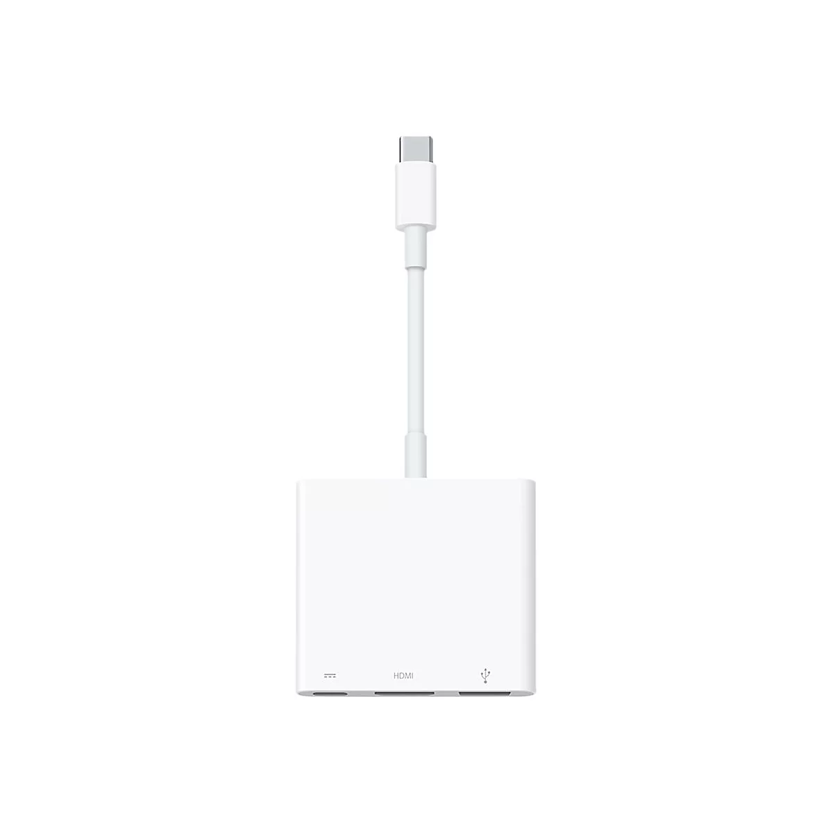 Weißer Adapter mit HDMI- und USB-C-Anschlüssen. An einem Ende ein USB-C-Stecker, der mit einem quadratischen Gehäuse verbunden ist.