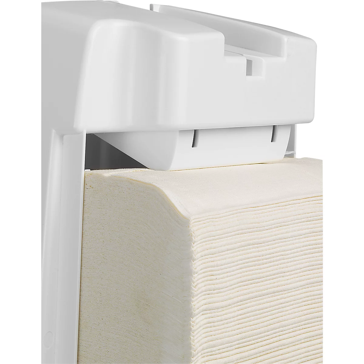 Weisser Papierhandtuchspender mit Papiertüchern. Das Papier ist sauber gestapelt und klar sichtbar.