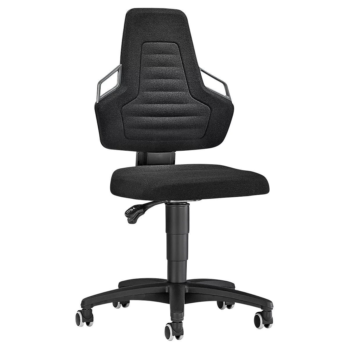 Arbeits-Drehstuhl, Rollen, schwarzer Stoff, Griffe grau