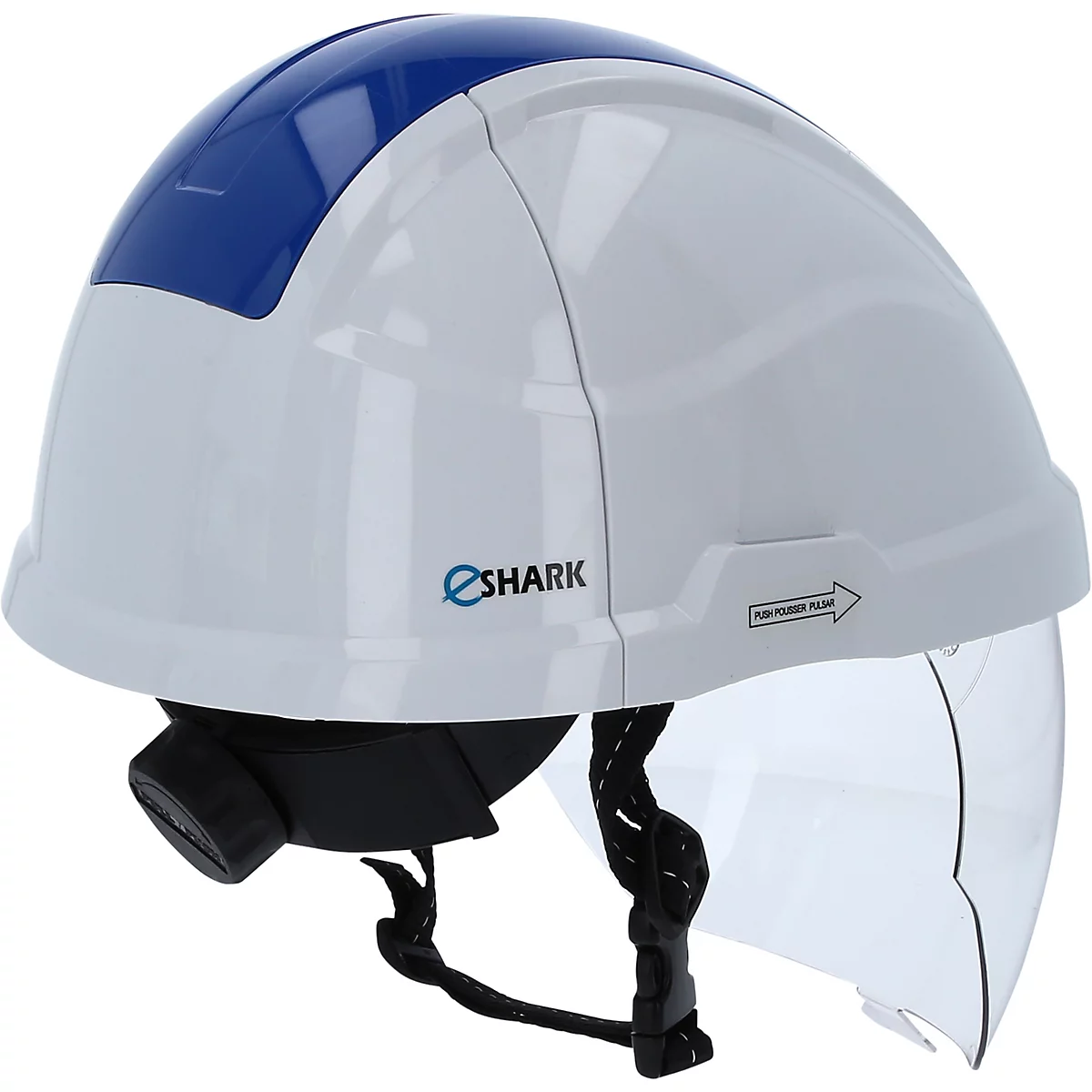 Weißer Schutzhelm mit blauem Streifen, Visier und Kinnriemen. "eSHARK" steht darauf.