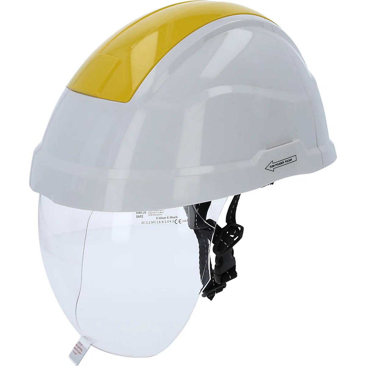 Weißer Schutzhelm mit gelber Spitze und transparentem Visier.
