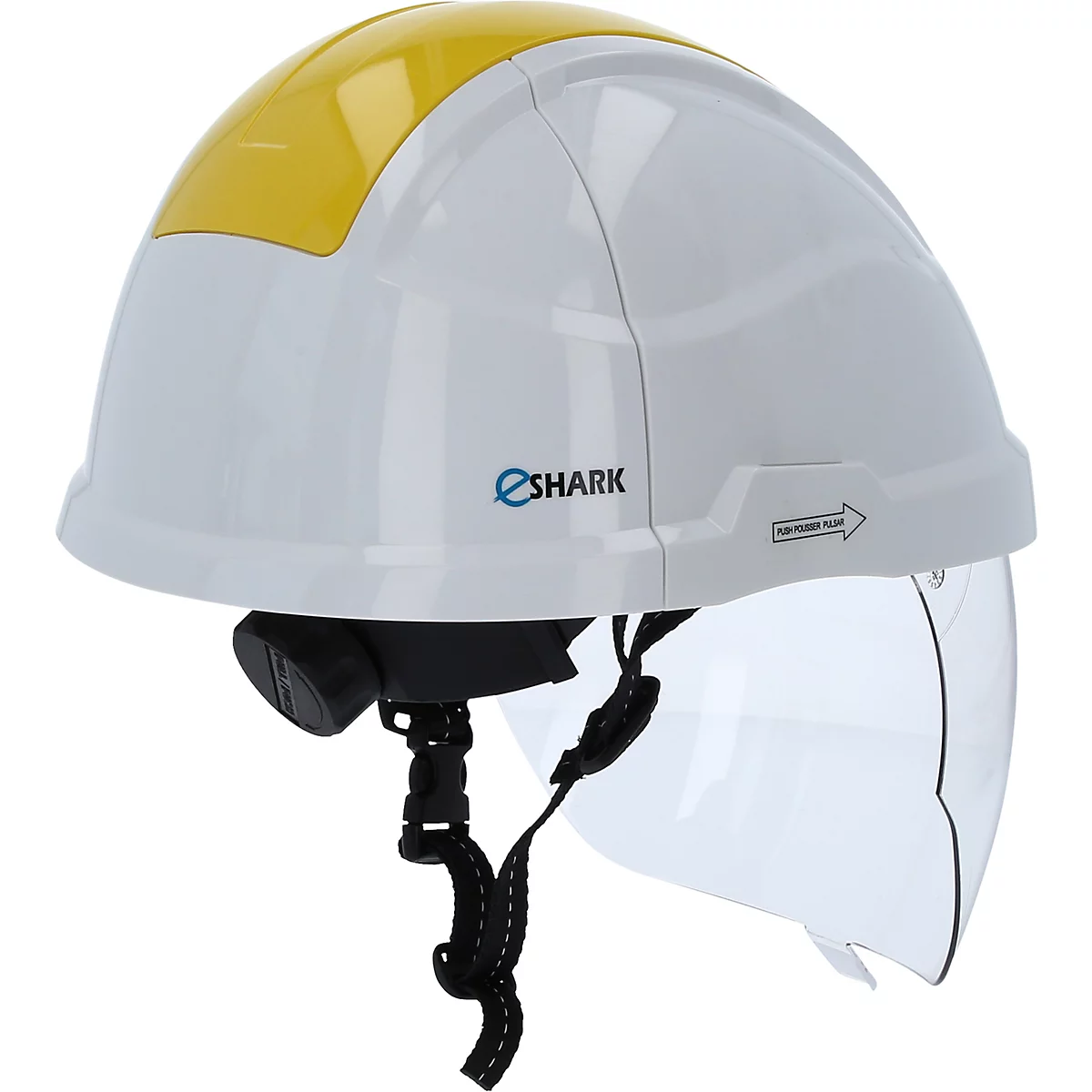 Weißer Schutzhelm mit gelber Oberseite und transparentem Visier. Aufdruck 'eShark'.