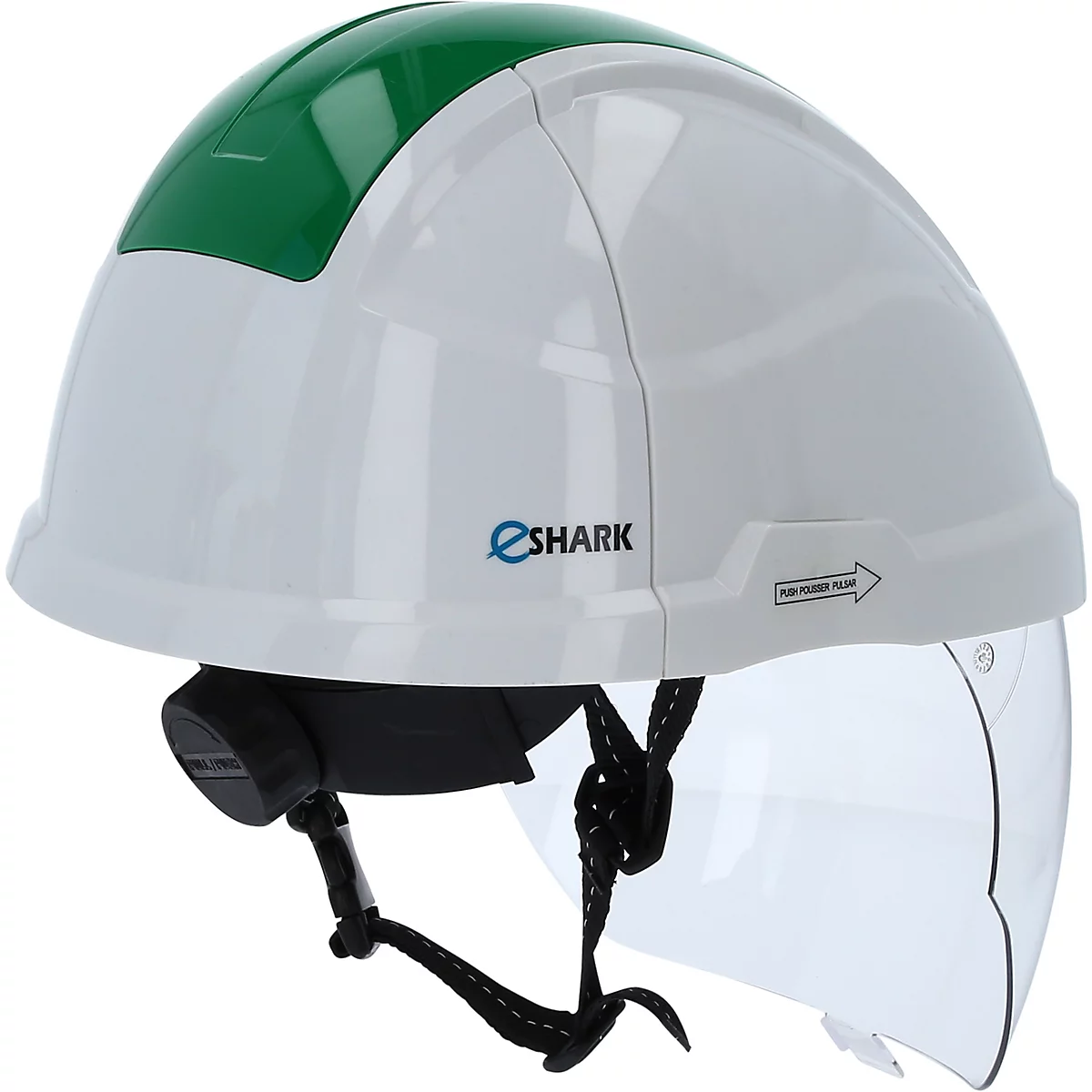 Weißer Bauhelm mit grünem Einsatz, Visier und Kinnriemen. Logo "eShark" und "Push/Pull" auf dem Helm.
