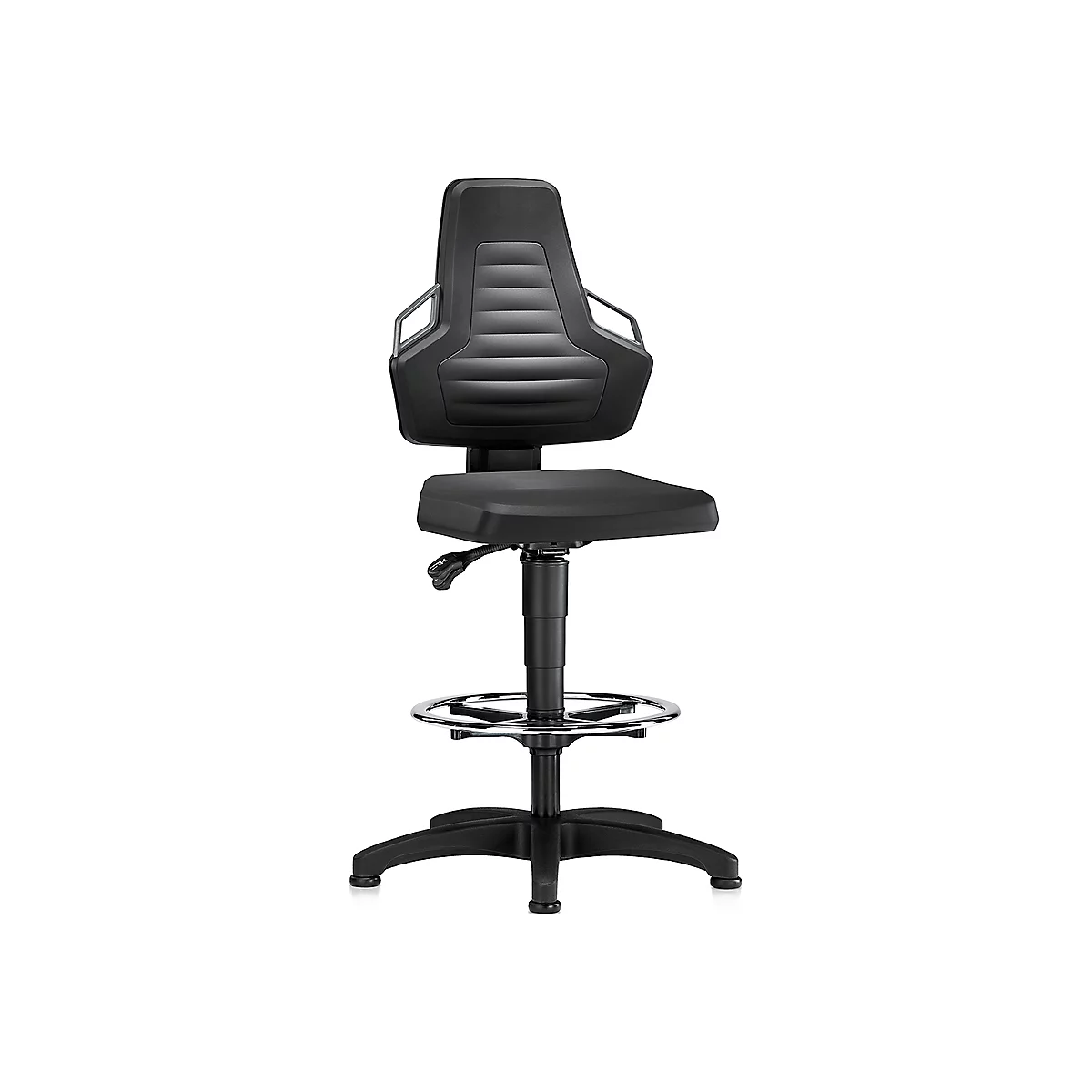 Arbeitsdrehstuhl, Gleiter + Fußring, PU-Schaum schwarz, Griffe grau