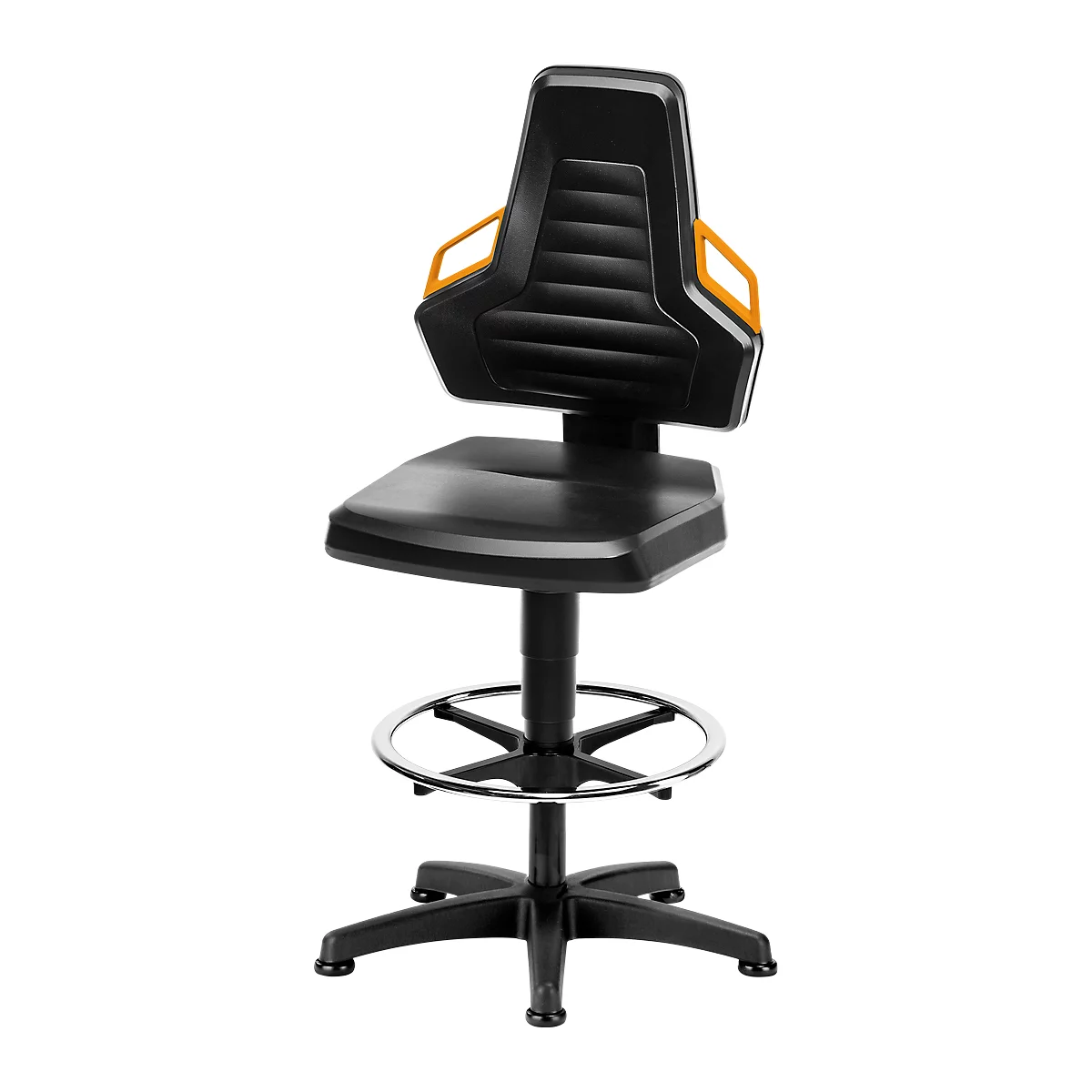 Arbeitsdrehstuhl, Gleiter + Fußring, PU-Schaum schwarz, Griffe orange