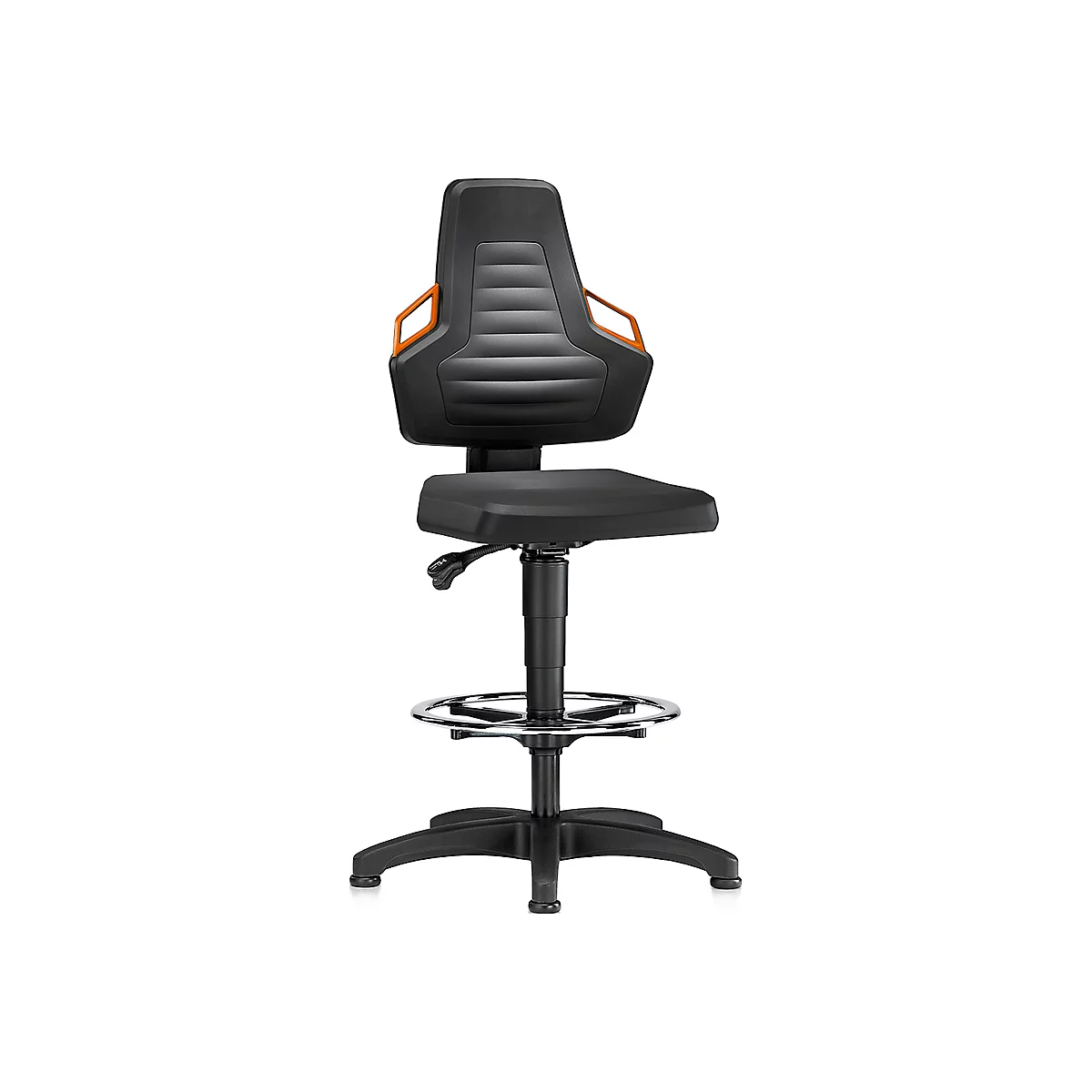 Arbeitsdrehstuhl, Gleiter + Fußring, PU-Schaum schwarz, Griffe orange