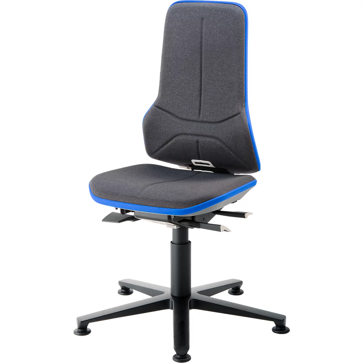 Arbeitsstuhl bimos NEON, Permanentkontakt, Grundmodell ohne Polsterelement, mit Gleitern, Flexband blau