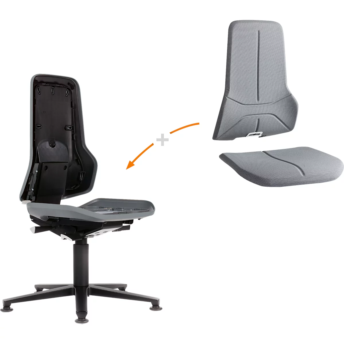 Arbeitsstuhl bimos NEON, Permanentkontakt, Grundmodell ohne Polsterelement, mit Gleitern, Flexband grau