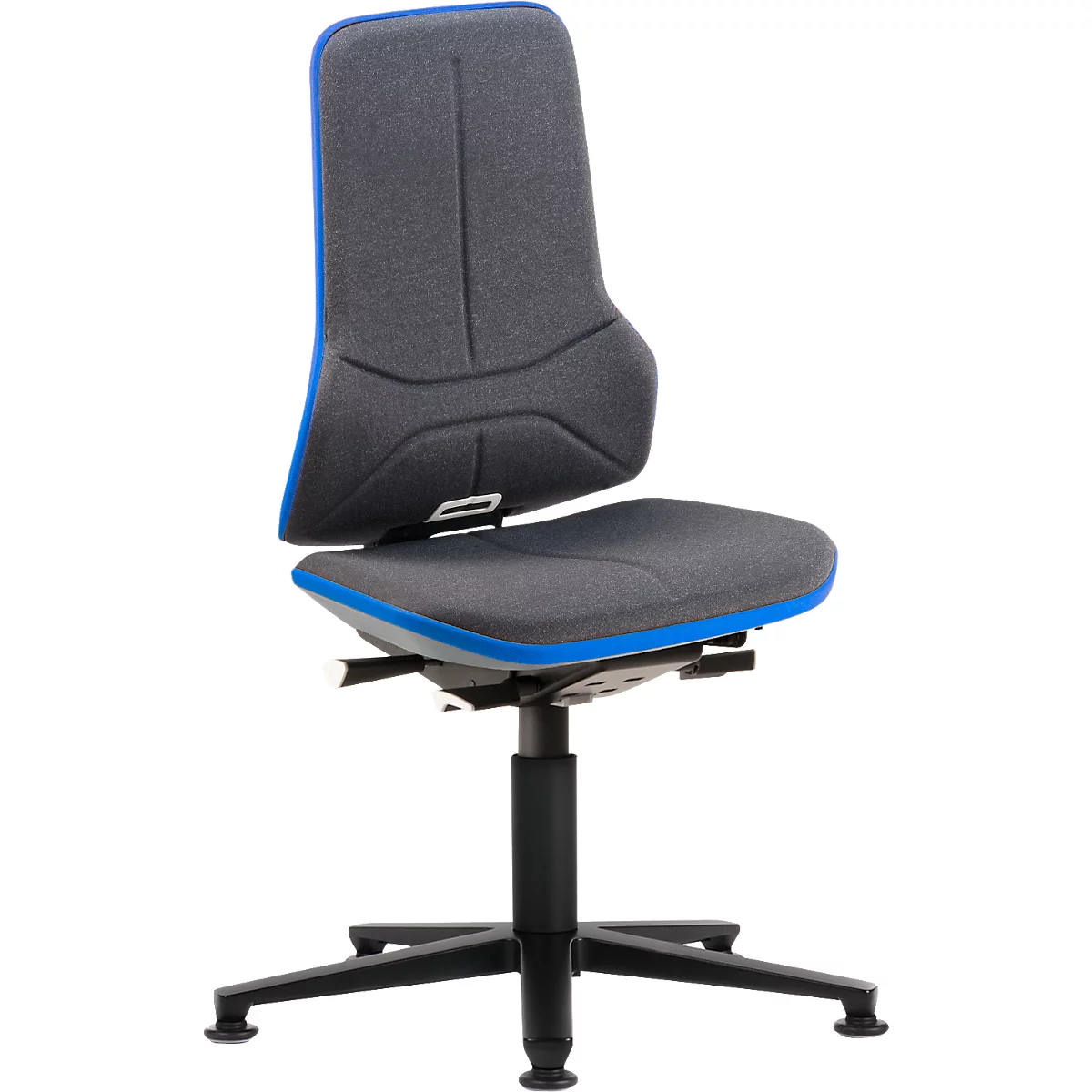 Arbeitsstuhl bimos NEON, Synchronmechanik, Grundmodell ohne Polsterelement, mit Gleitern, Flexband blau