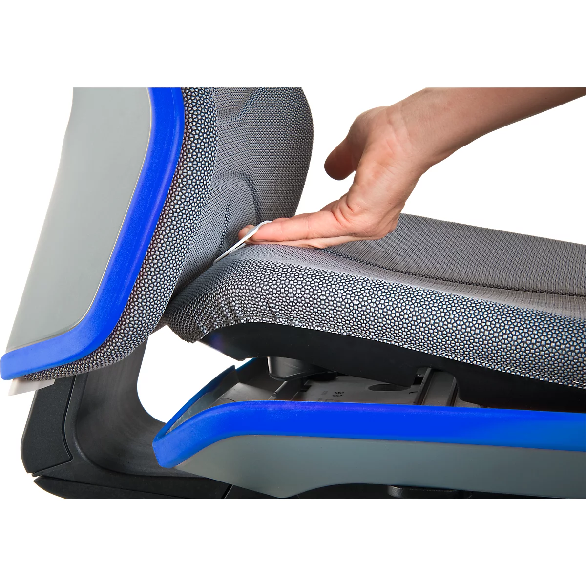 Arbeitsstuhl bimos NEON, Synchronmechanik, Grundmodell ohne Polsterelement, mit Gleitern, Flexband blau