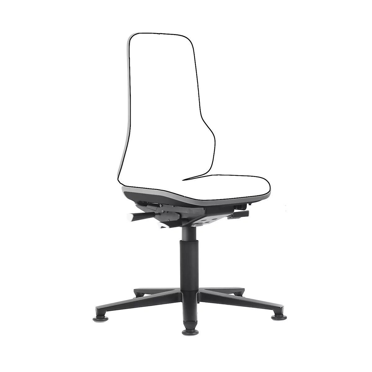Arbeitsstuhl bimos NEON, Synchronmechanik, Grundmodell ohne Polsterelement, mit Gleitern, Flexband blau