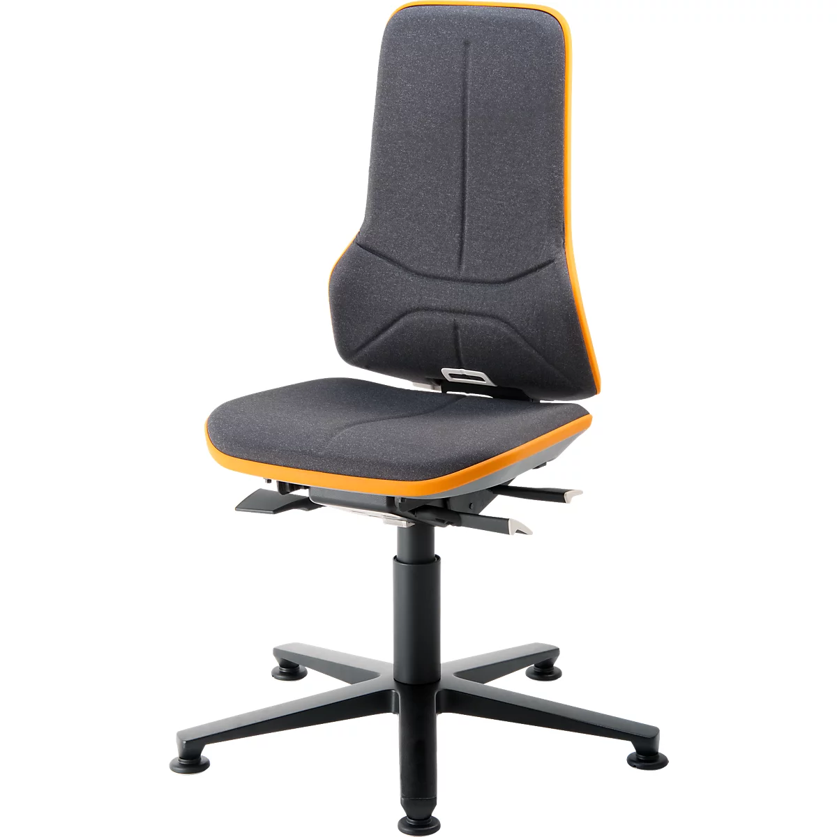 Arbeitsstuhl bimos NEON, Synchronmechanik, Grundmodell ohne Polsterelement, mit Gleitern, Flexband orange