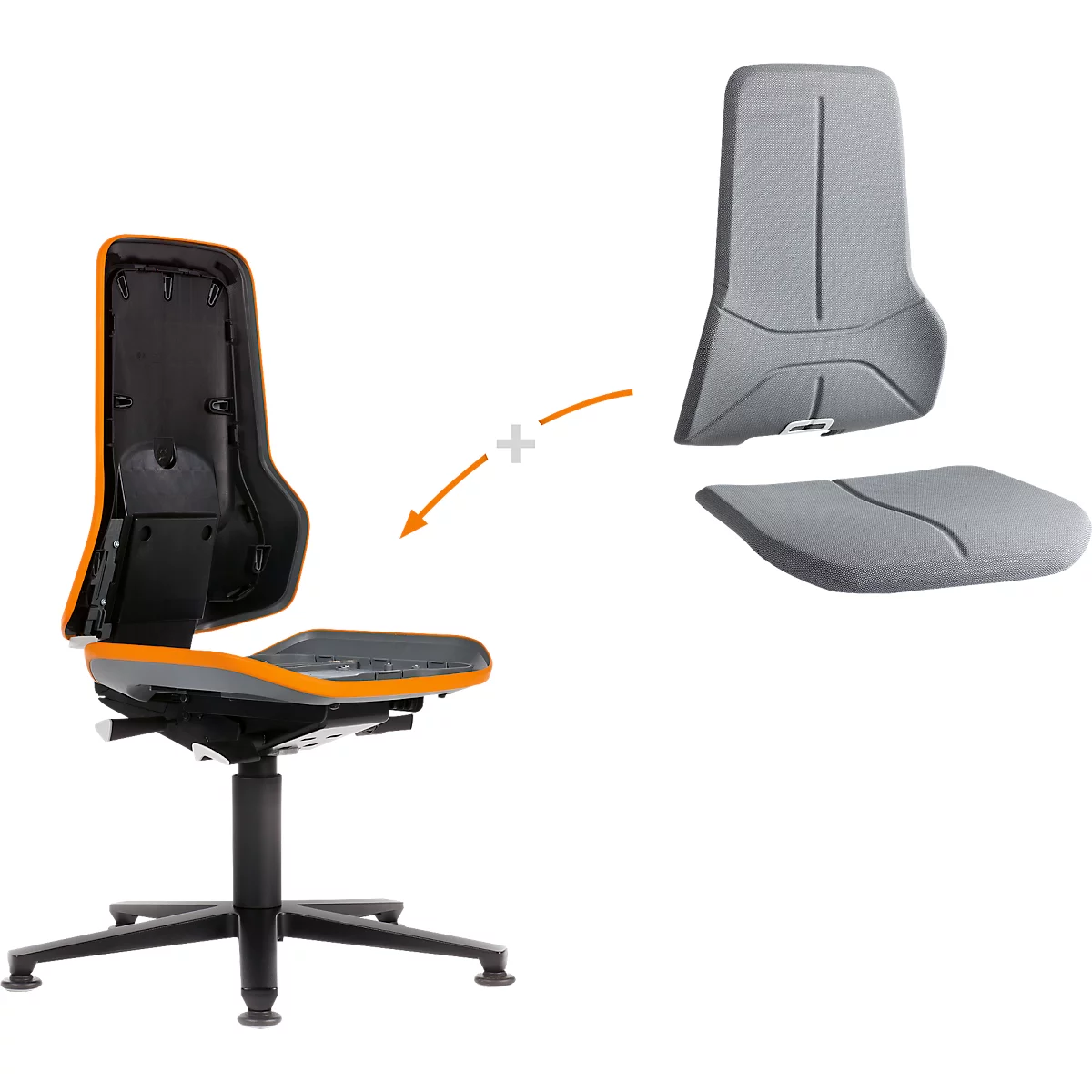 Arbeitsstuhl bimos NEON, Synchronmechanik, Grundmodell ohne Polsterelement, mit Gleitern, Flexband orange