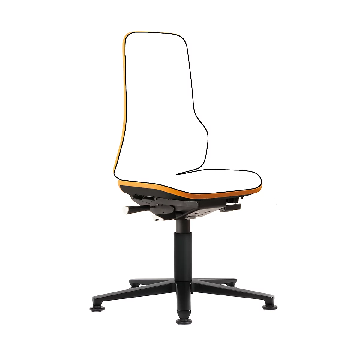 Arbeitsstuhl bimos NEON, Synchronmechanik, Grundmodell ohne Polsterelement, mit Gleitern, Flexband orange