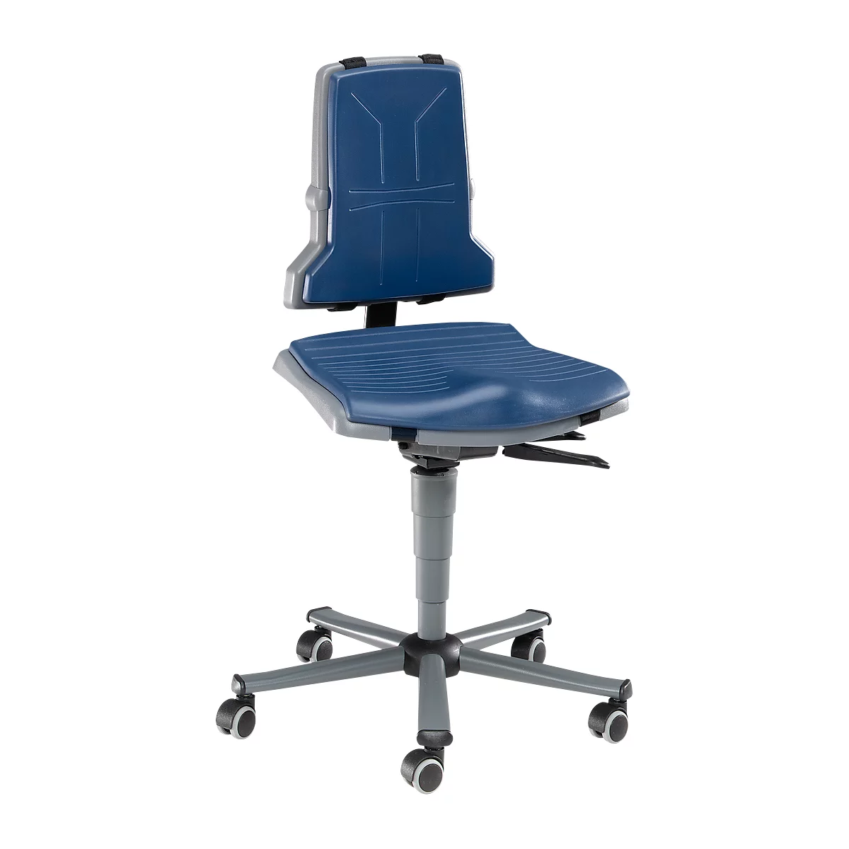 Arbeitsstuhl bimos SINTEC, Synchronmechanik mit Gewichtsregulierung, Orthositz, ohne Armlehnen & Polsterung, mit Rollen
