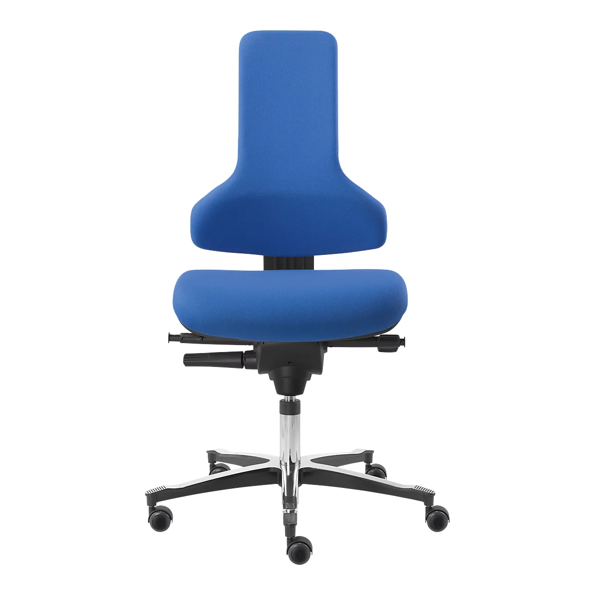 Blauer Bürostuhl mit hoher Rückenlehne, gepolstert, auf Rollenfußkreuz.