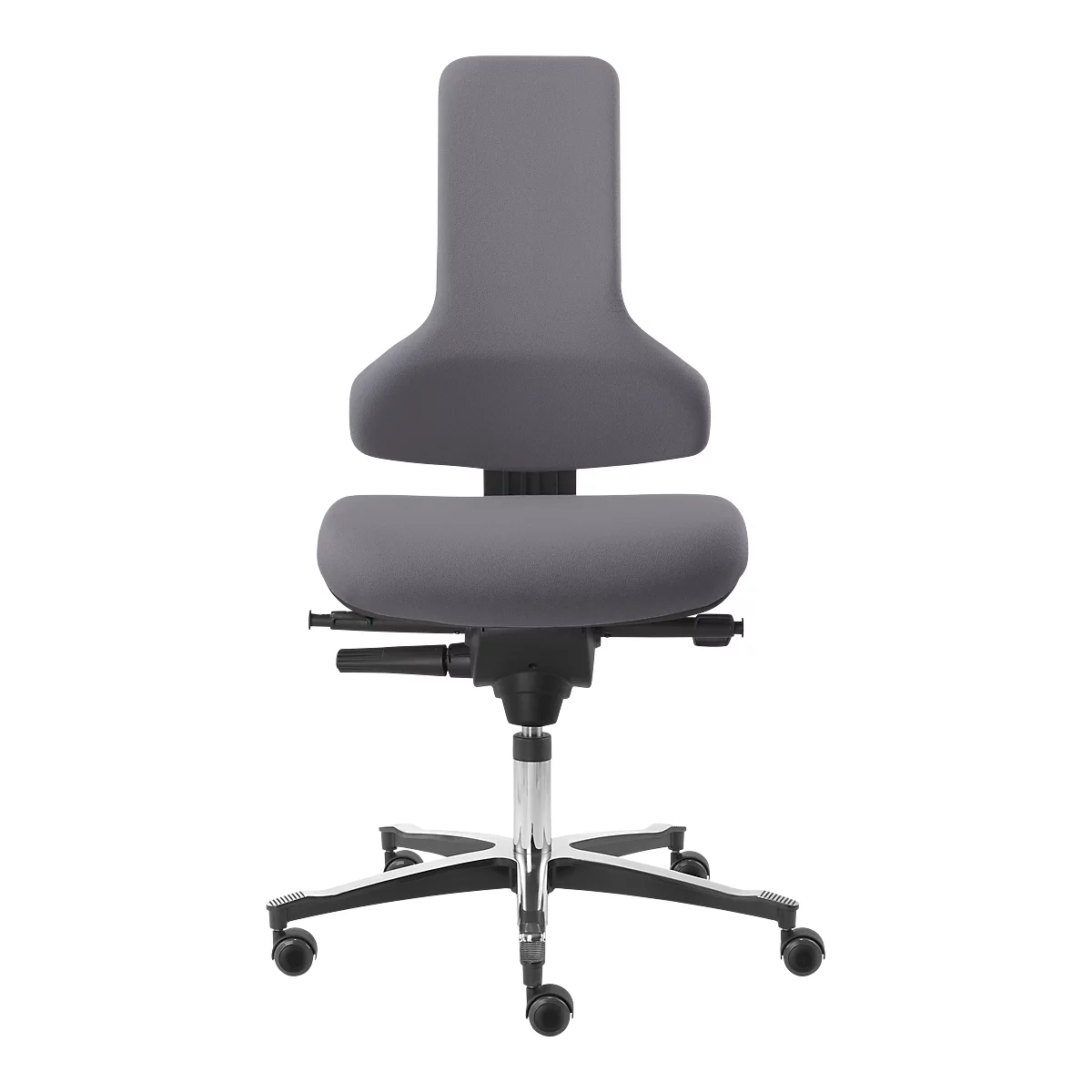 Ein grauer ergonomischer Bürostuhl mit hoher Rückenlehne und Rollen. Die Sitzfläche und Rückenlehne sind gepolstert.