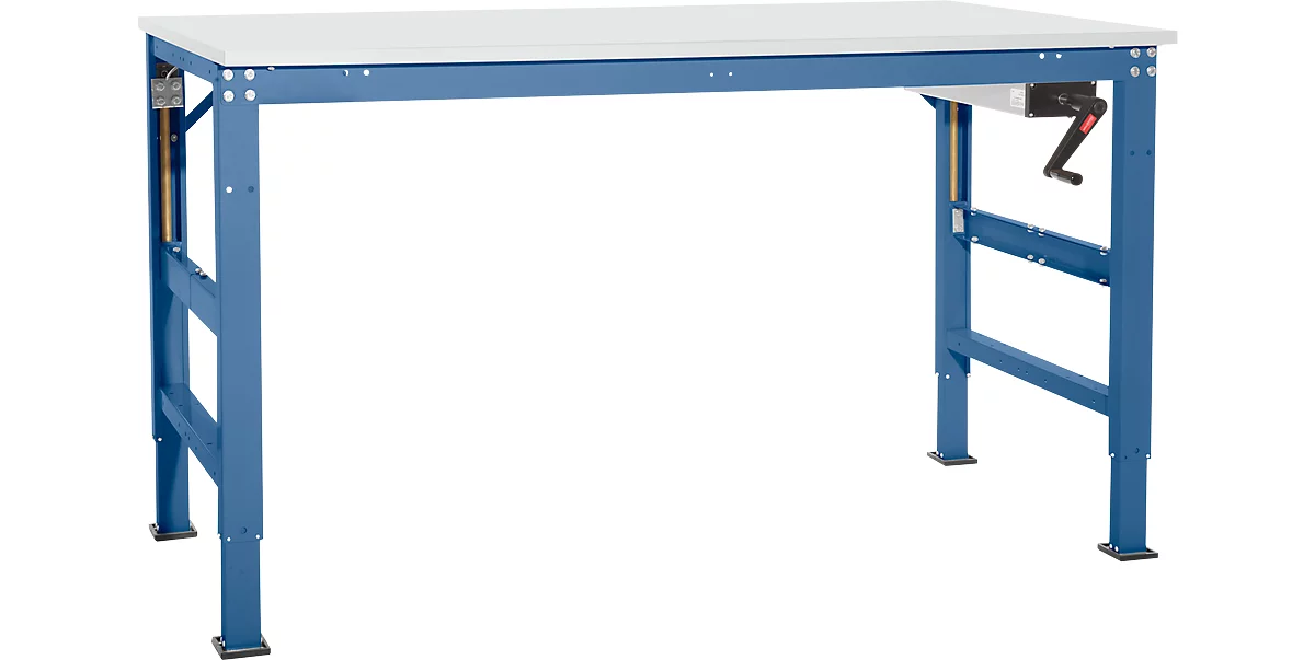 Arbeitstisch Ergo K, m. Kurbel, 2500 x 800 mm, Tischplatte Kunststoff, brillantblau