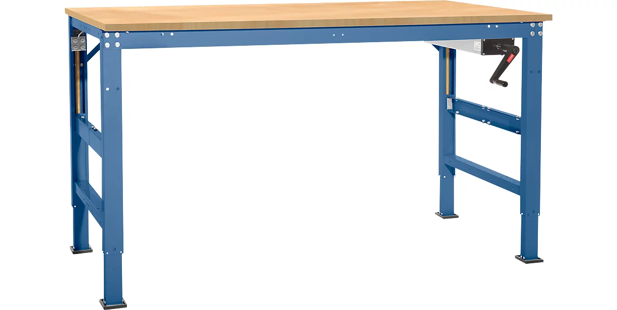Arbeitstisch Ergo K, m. Kurbel, 2500 x 800 mm, Tischplatte Multiplex, brillantblau