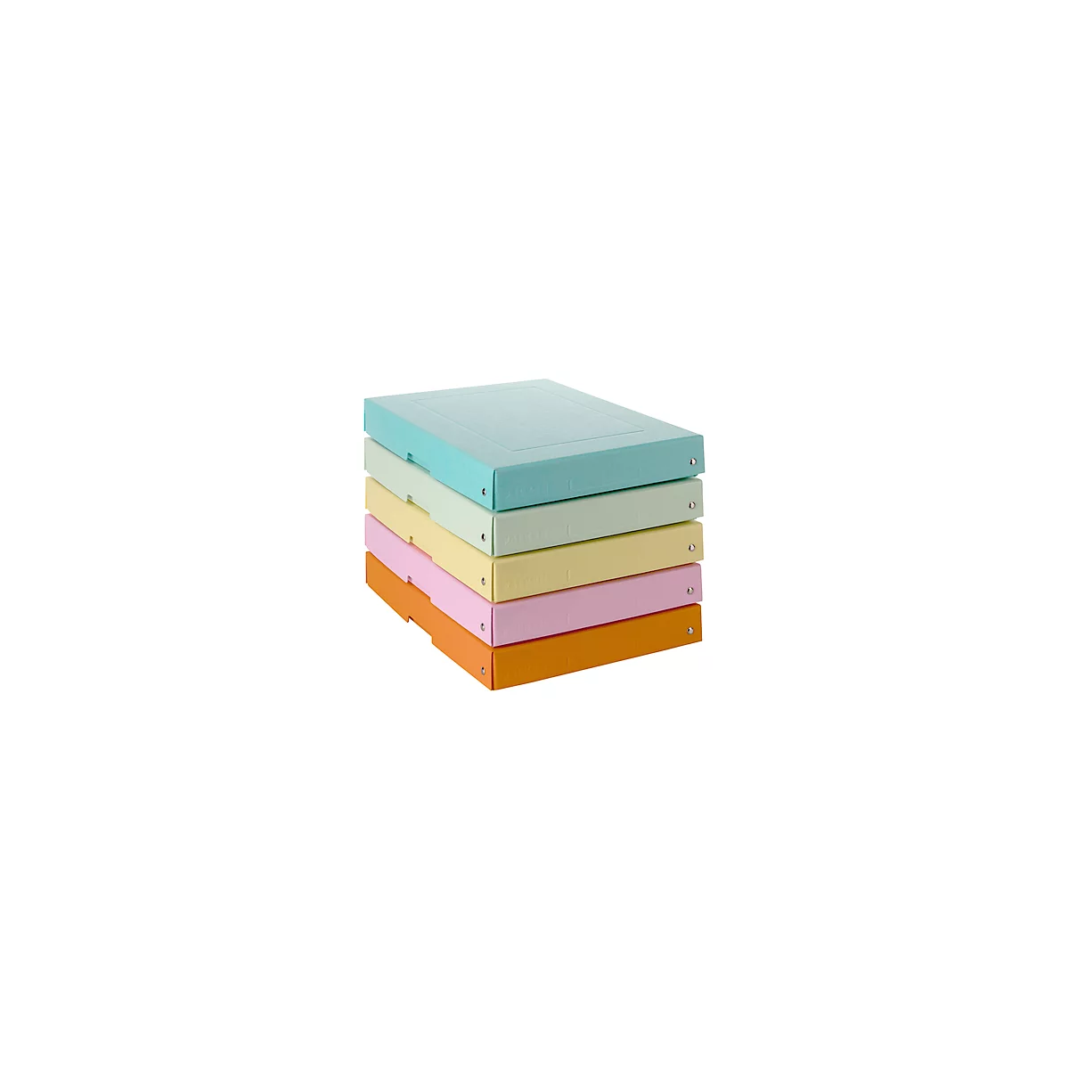 Archiefdoos Falken PURE Box Pastel A4, voor maximaal 500 vel, met etiketveld, L 320 x B 240 x vulhoogte 40 mm, FSC® karton, geassorteerde kleuren, 5 stuks