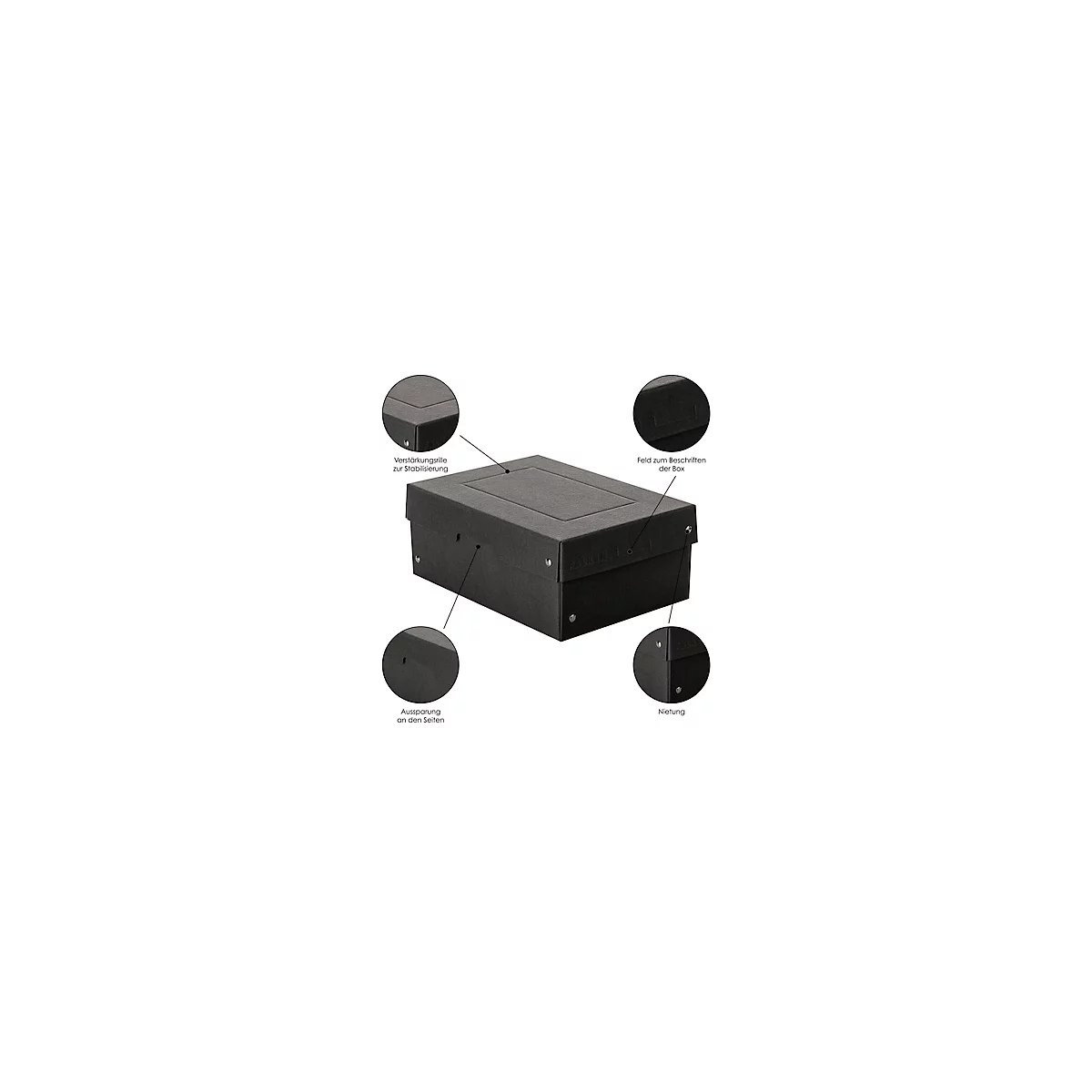 Archiefdoos Falken PURE Box Zwart A5, voor maximaal 1250 vel, met etiketveld, L 250 x B 180 x vulhoogte 100 mm, Blaue Engel, FSC® karton, zwart