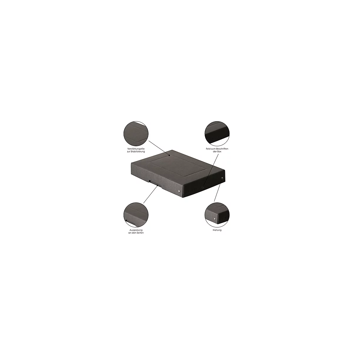 Archiefdoos Falken PURE Box Zwart A5, voor maximaal 500 vel, met etiketveld, L 250 x B 180 x vulhoogte 40 mm, Blaue Engel, FSC® karton, zwart