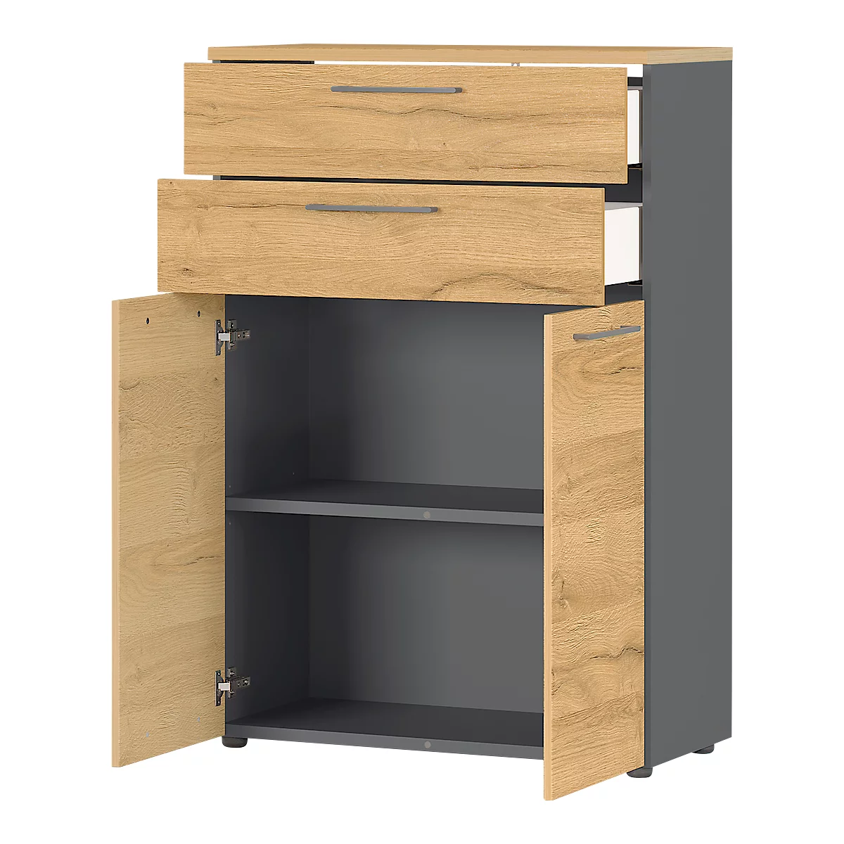Archiefkast Agenda Home, 3 OH, B 800 x D 400 x H 1200 mm, 2 lades, grafiet/eik.