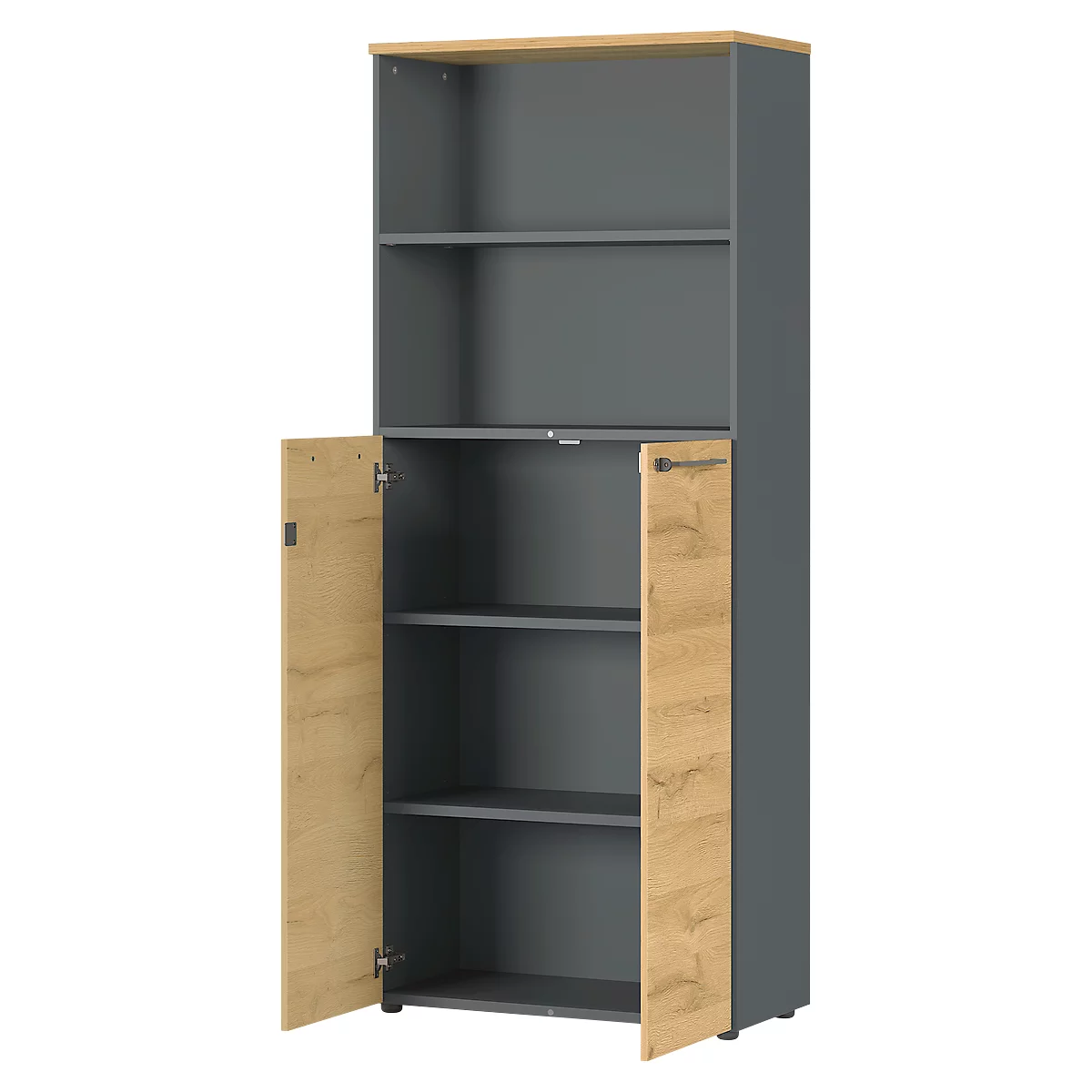 Archiefkast Agenda Home, 5 OH, B 800 x D 400 x H 1970 mm 2 open vakken, afsluitbaar, grafiet/eik.